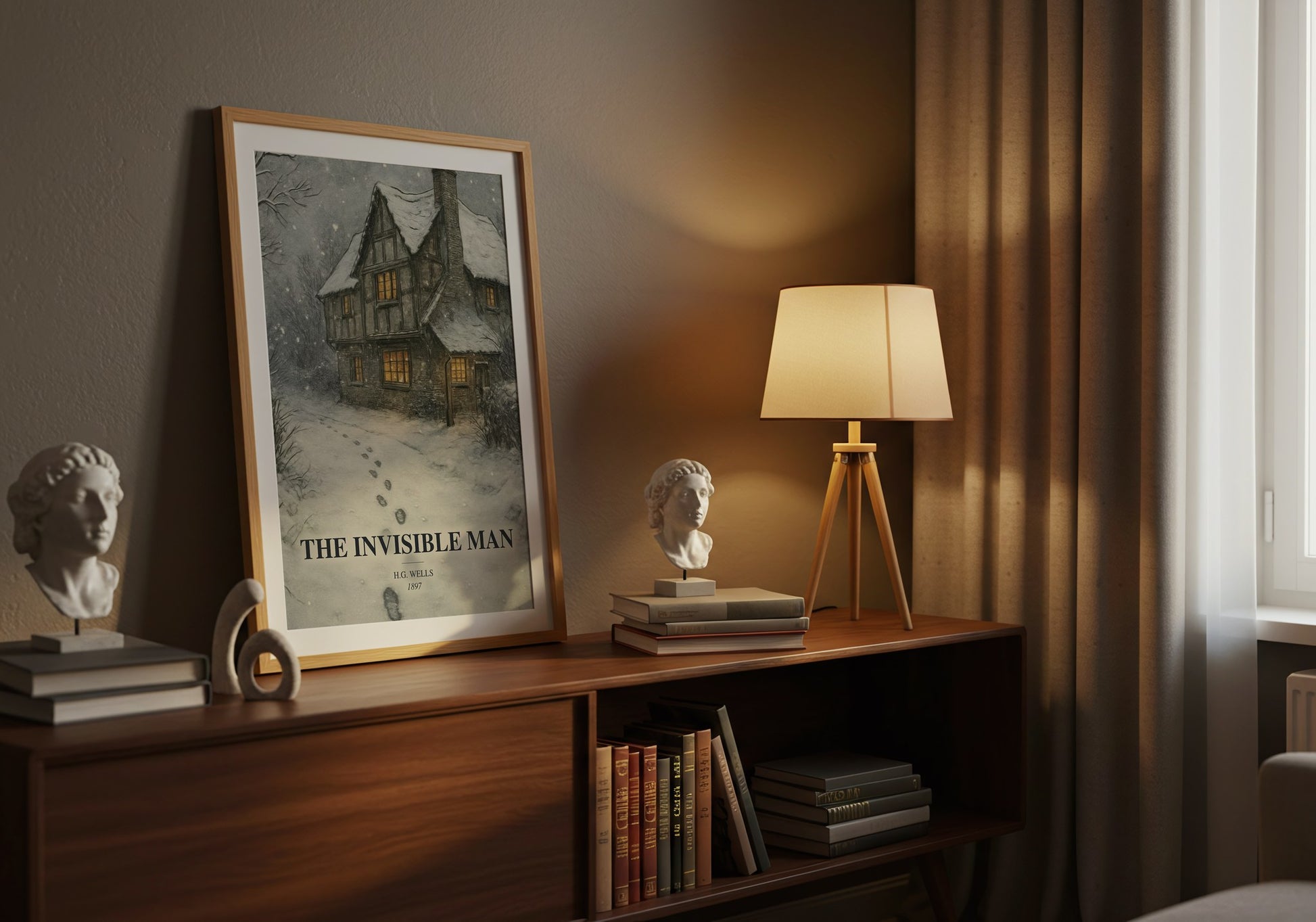 The Invisible Man watercolour print on bookshelf – H.G. Wells fan gift