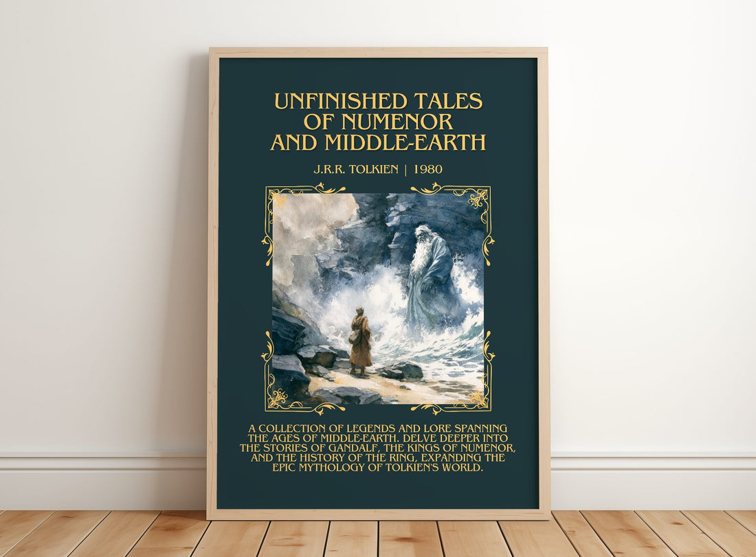 Unfinished Tales Of Numenor And Middle-Earth Minimalist Book Poster – – framed print leaning on a wooden floor