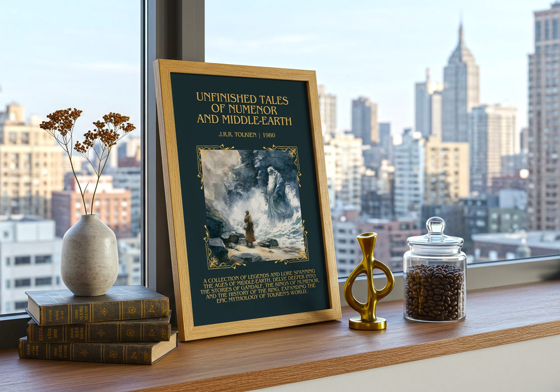 Unfinished Tales Of Numenor And Middle-Earth Minimalist Book Poster – – framed print on a city-view windowsill