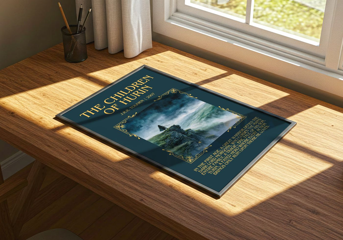 The Children Of Húrin Minimalist Book Poster by J.R.R. Tolkien – print on a sunlit desk