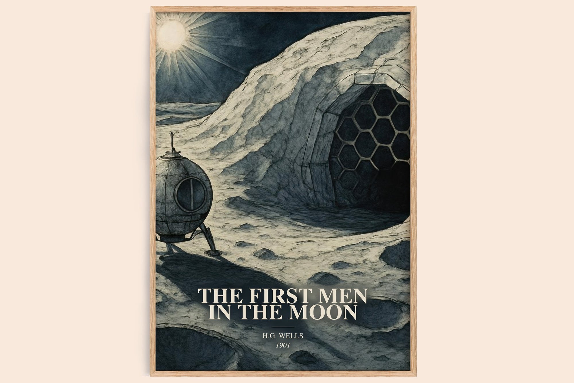 The First Men In The Moon watercolour book poster by H.G. Wells – framed literary art print