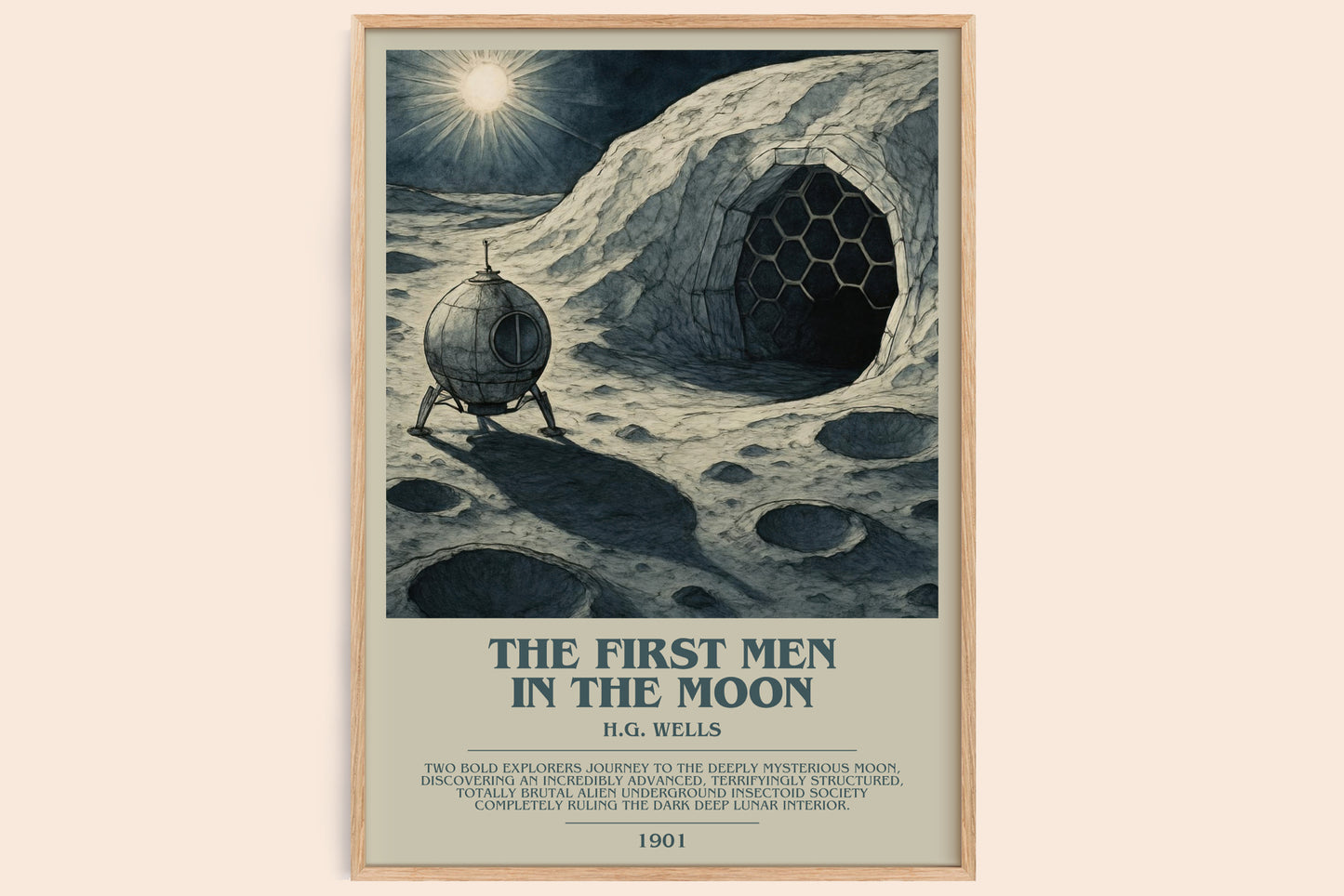 The First Men In The Moon bookish book poster by H.G. Wells – framed literary art print
