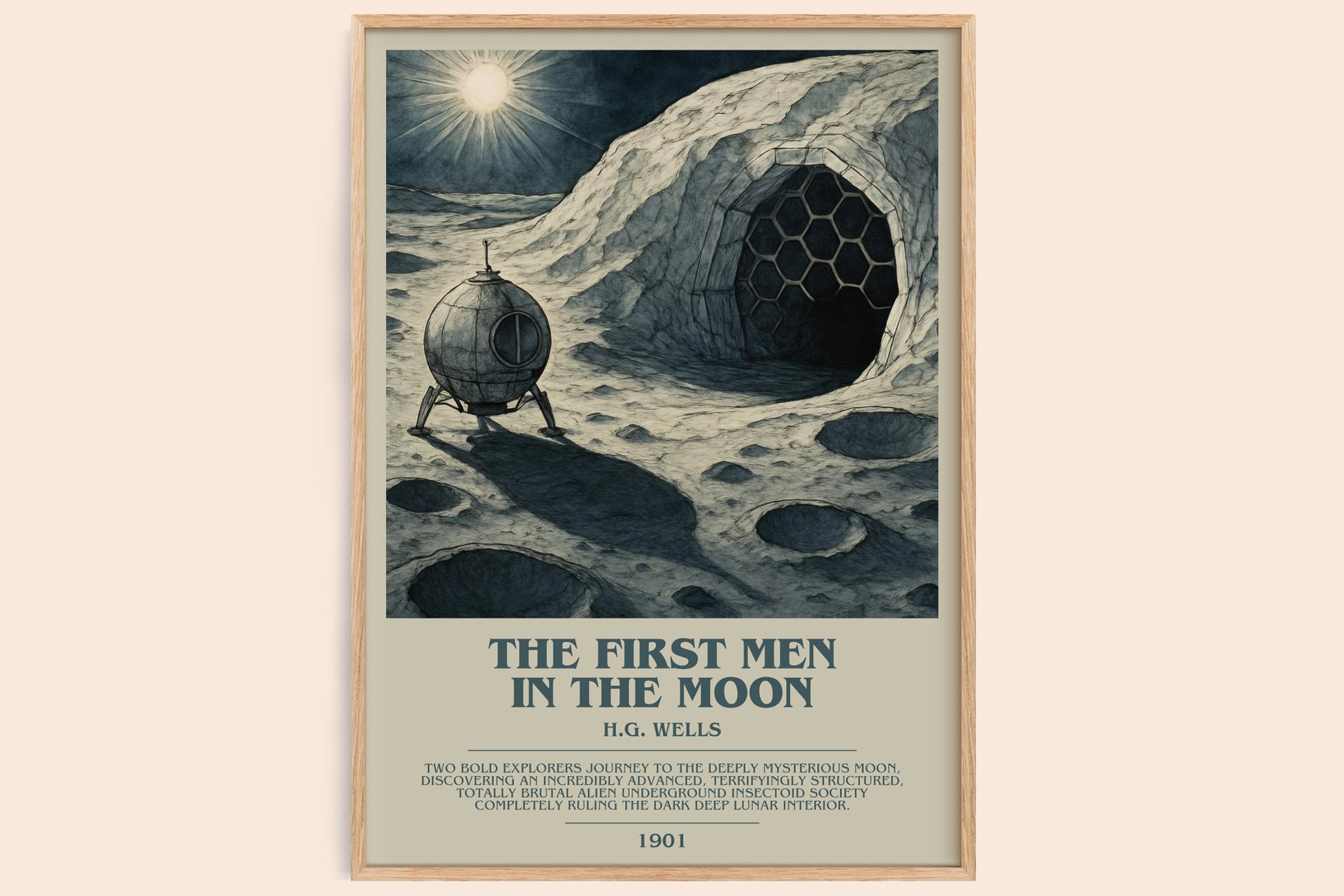 The First Men In The Moon bookish book poster by H.G. Wells – framed literary art print