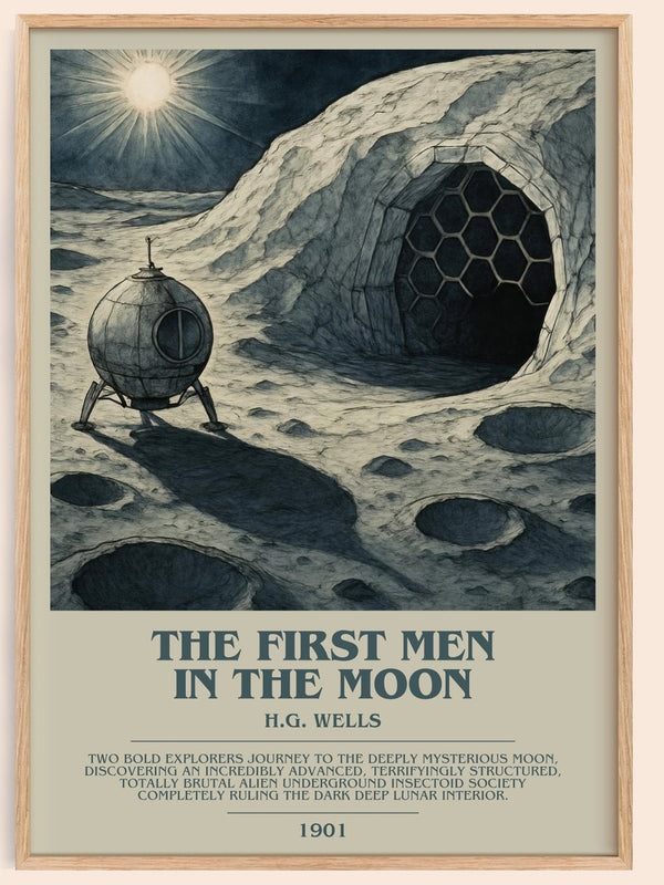 The First Men In The Moon bookish book poster by H.G. Wells – framed literary art print