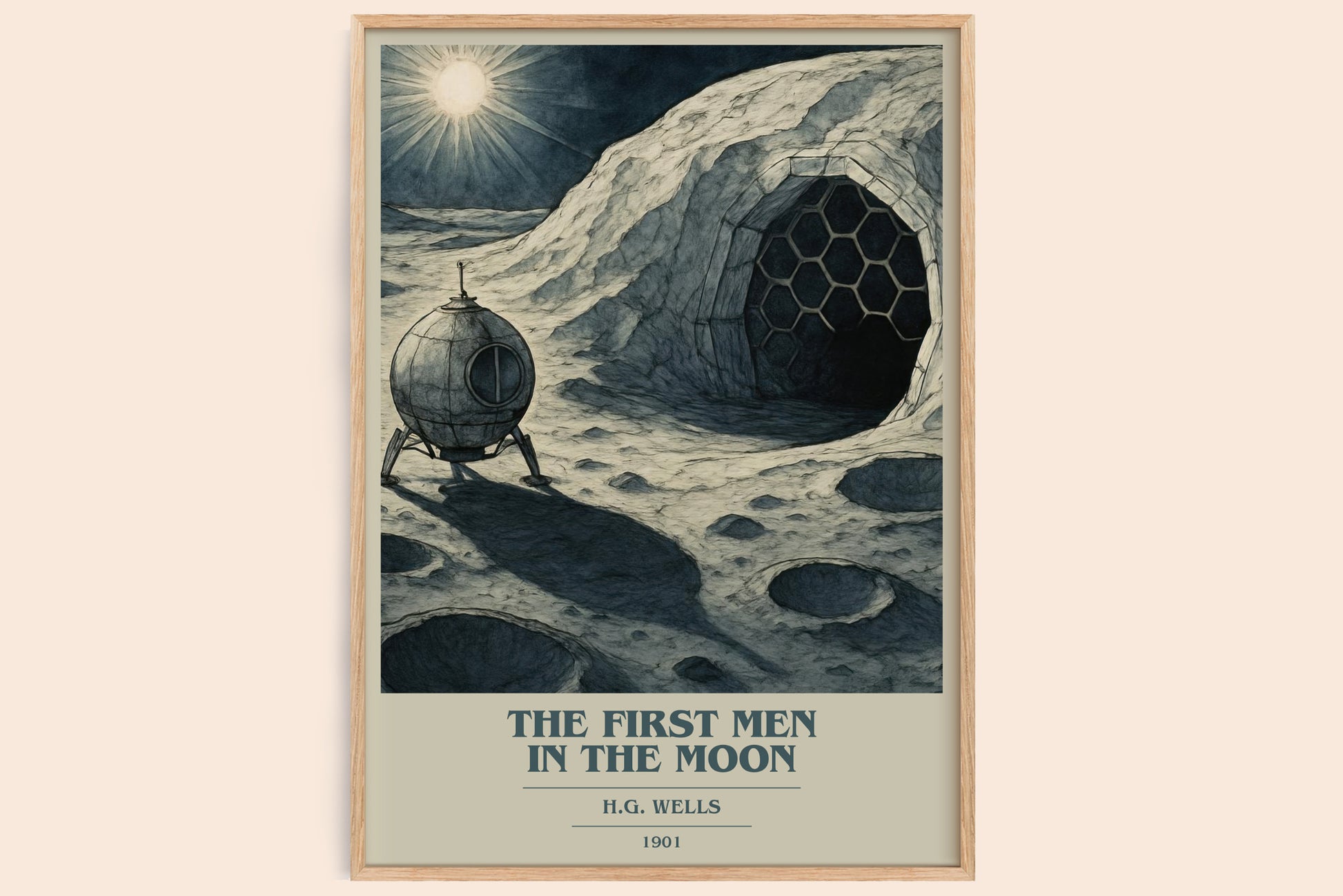 The First Men In The Moon book cover book poster by H.G. Wells – framed literary art print