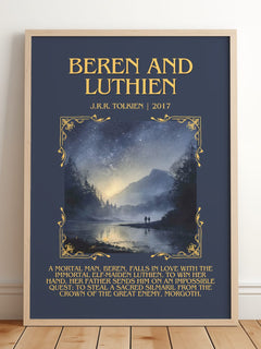 Beren And Lúthien Minimalist Book Poster by J.R.R. Tolkien – framed print leaning on a wooden floor