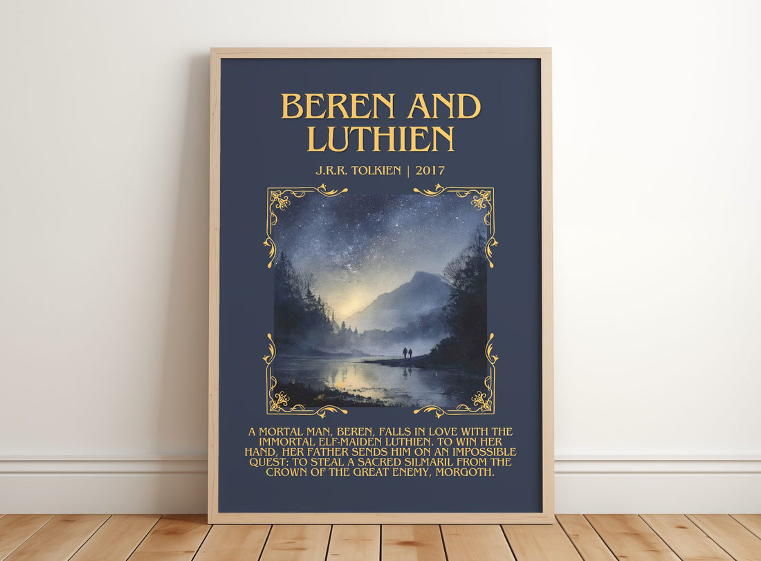 Beren And Lúthien Minimalist Book Poster by J.R.R. Tolkien – framed print leaning on a wooden floor