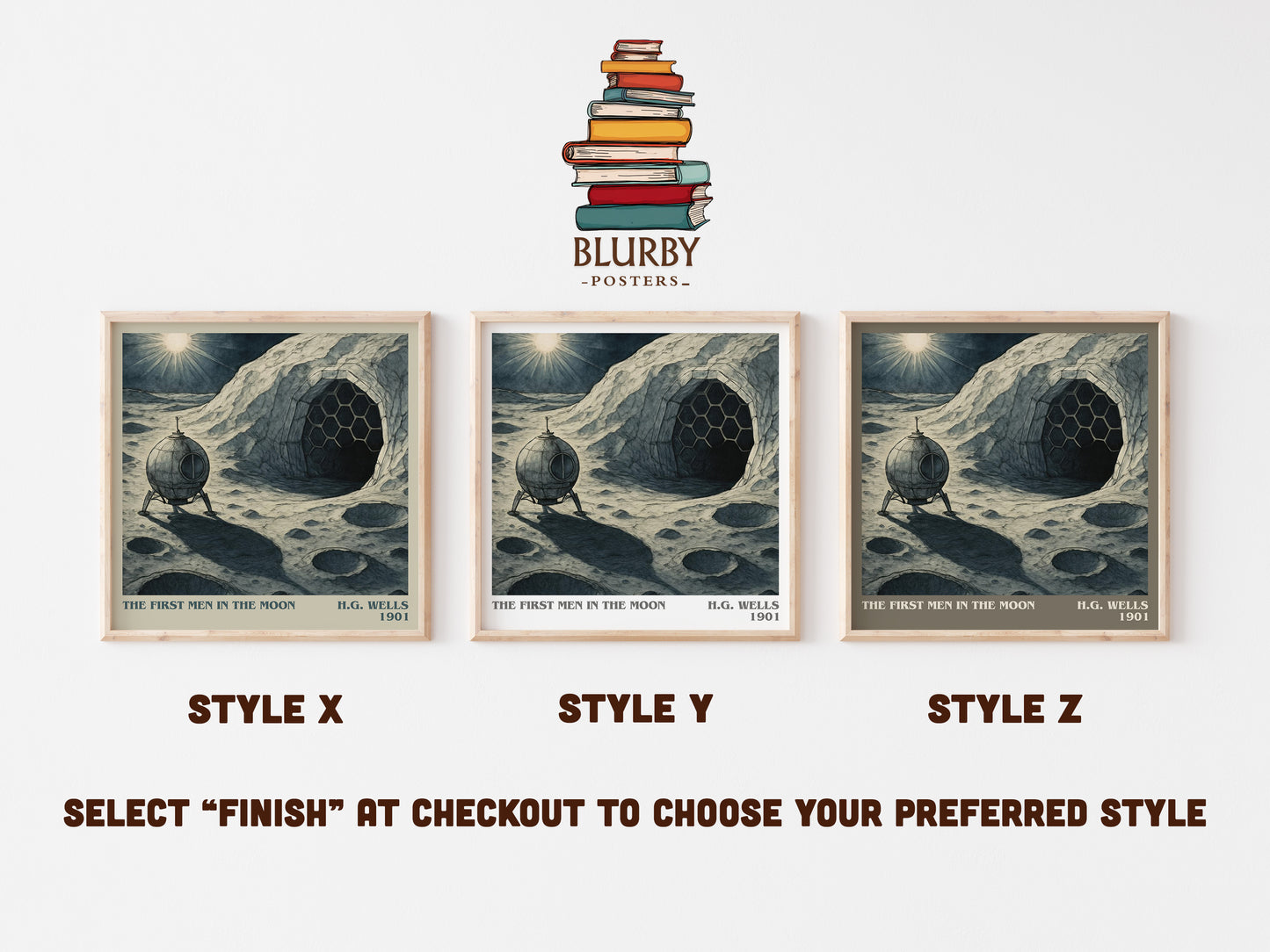The First Men In The Moon literary print in frame leaning in hallway – sci fi wall art