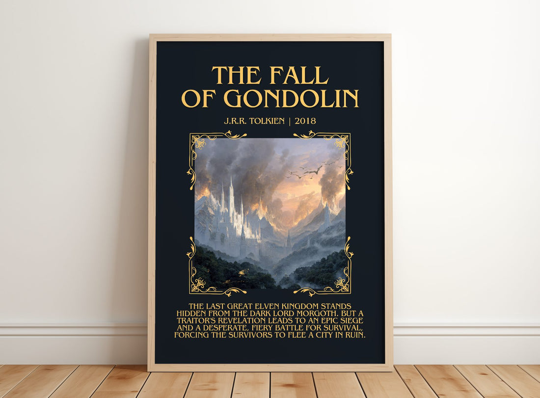 The Fall Of Gondolin Minimalist Book Poster by J.R.R. Tolkien – framed print leaning on a wooden floor