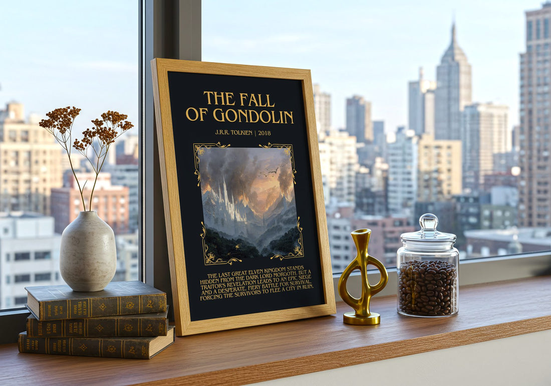 The Fall Of Gondolin Minimalist Book Poster by J.R.R. Tolkien – framed print on a city-view windowsill