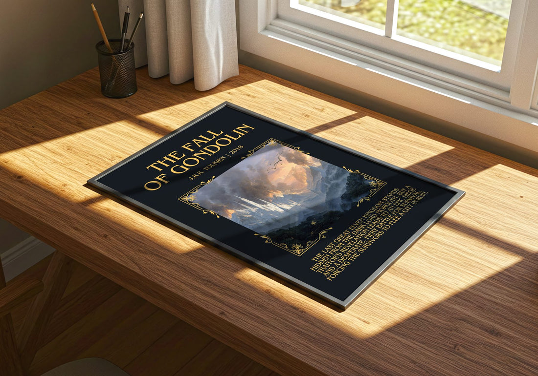 The Fall Of Gondolin Minimalist Book Poster by J.R.R. Tolkien – print on a sunlit desk