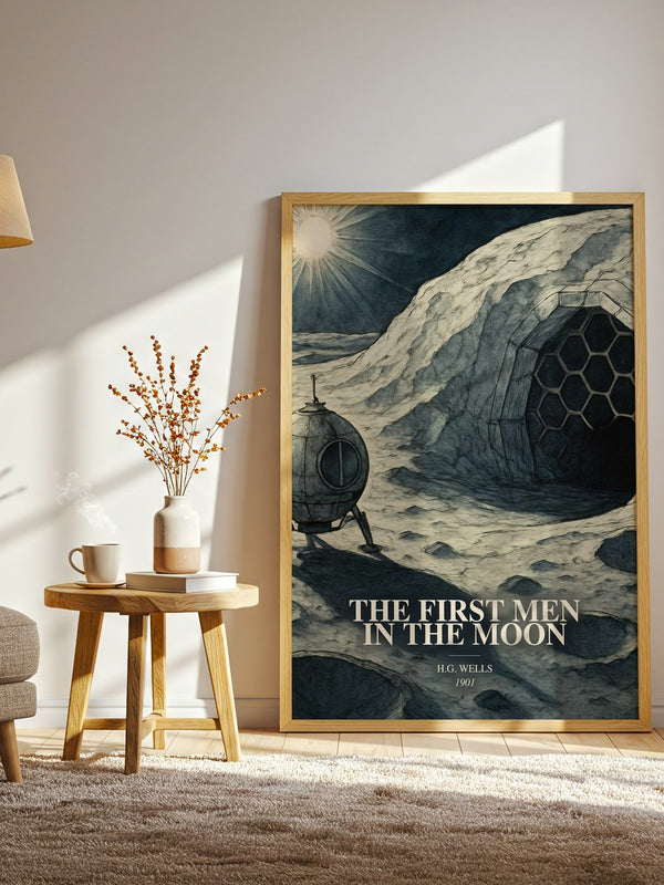 The First Men In The Moon watercolour print in frame leaning in hallway – sci fi wall art