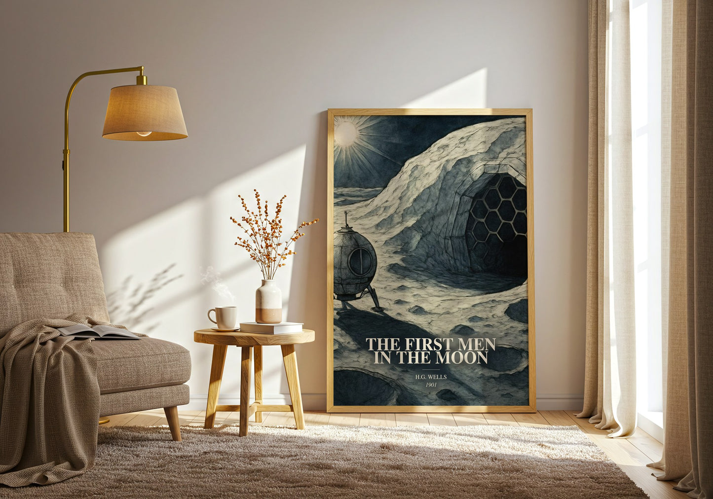 The First Men In The Moon watercolour print in frame leaning in hallway – sci fi wall art