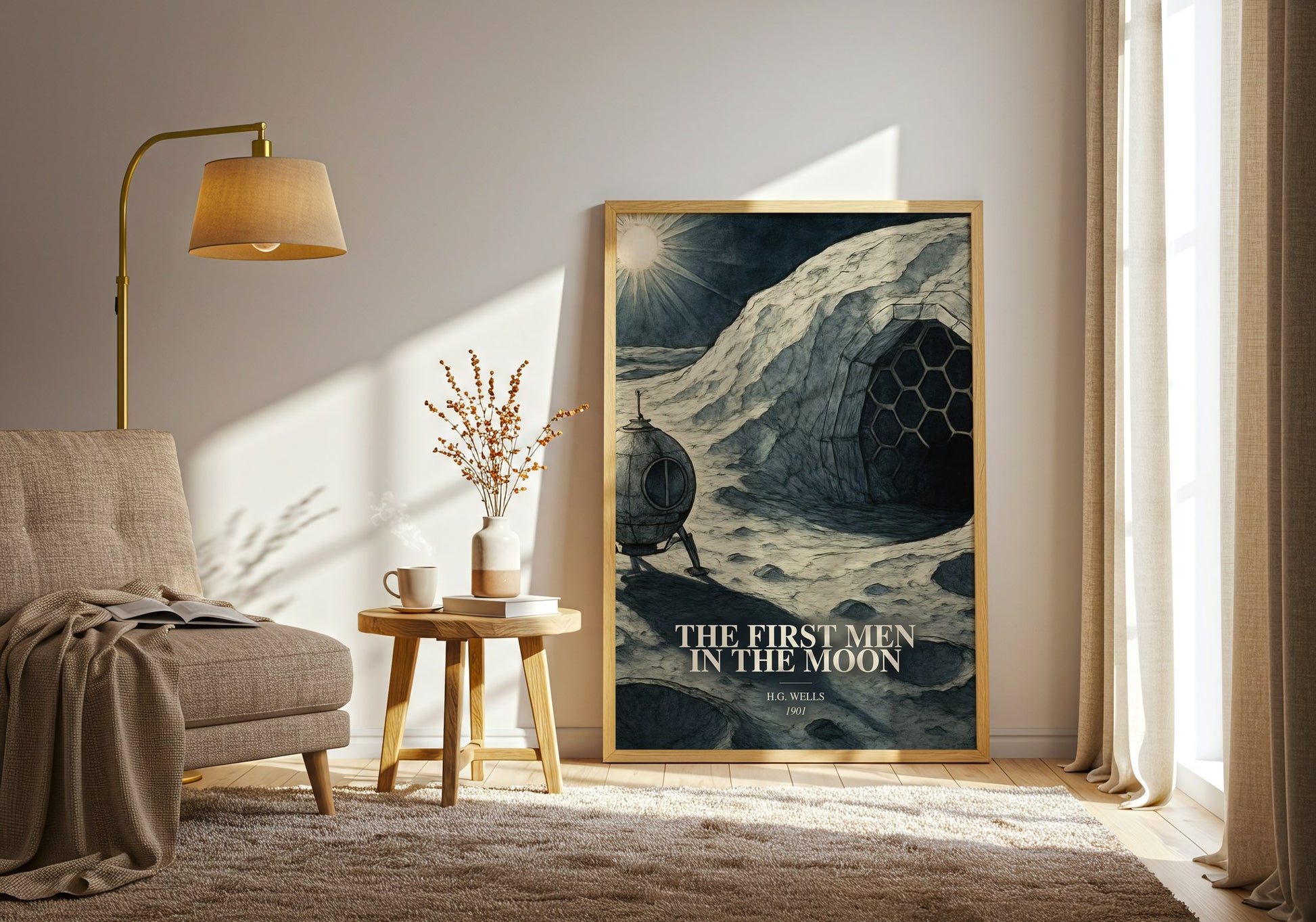 The First Men In The Moon watercolour print in frame leaning in hallway – sci fi wall art