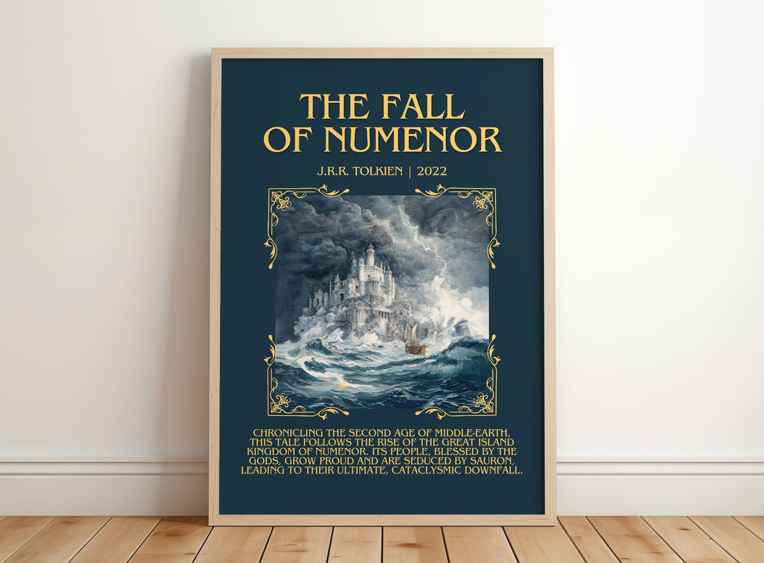 The Fall Of Númenor Minimalist Book Poster by J.R.R. Tolkien – framed print leaning on a wooden floor