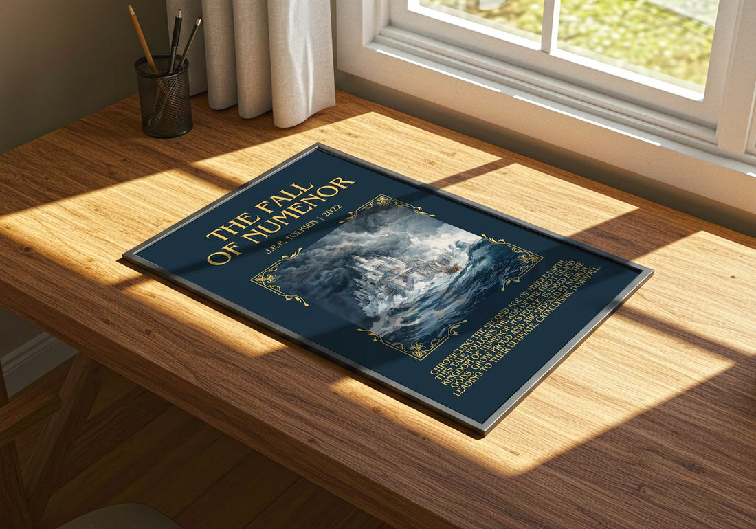 The Fall Of Númenor Minimalist Book Poster by J.R.R. Tolkien – print on a sunlit desk