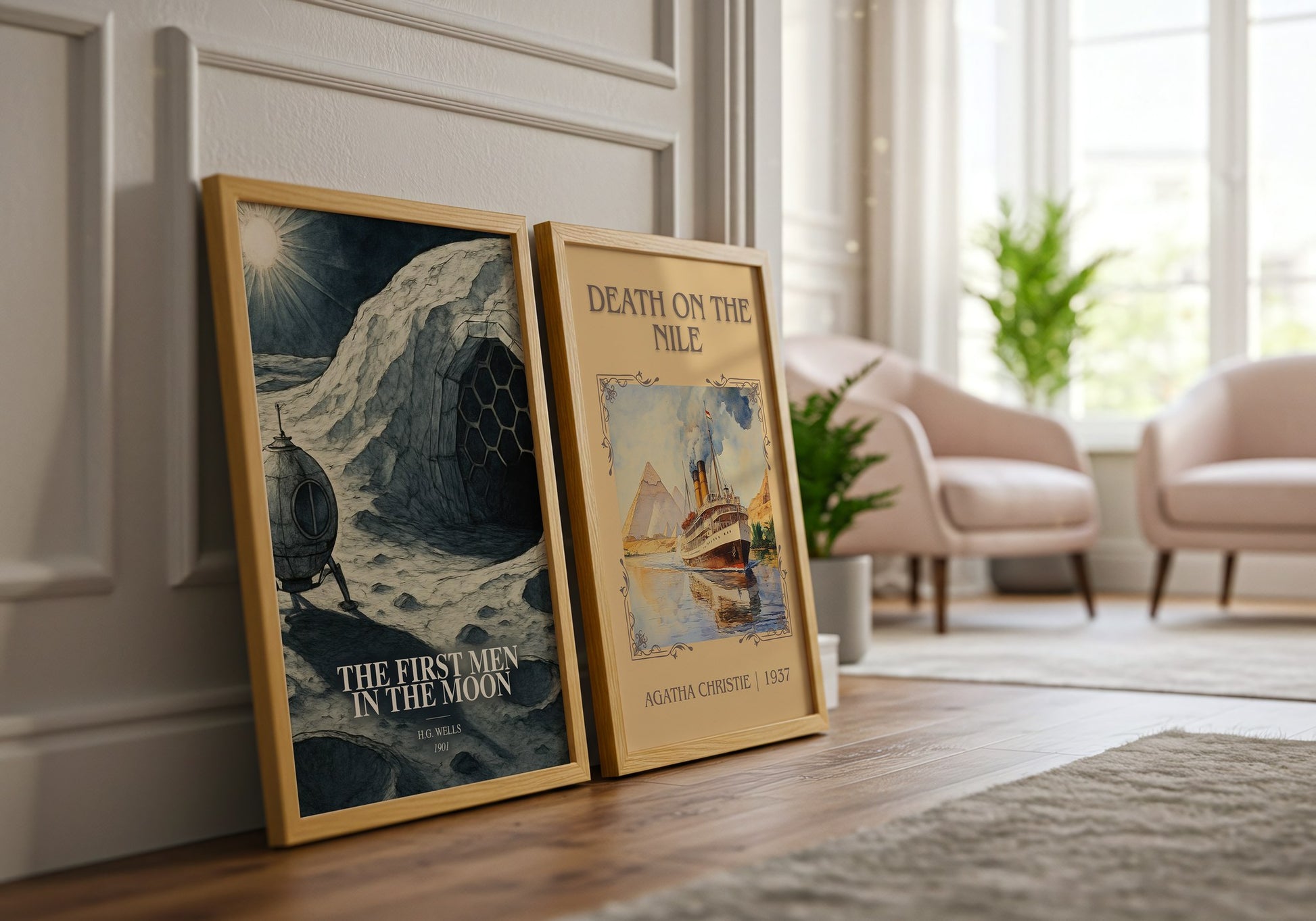 The First Men In The Moon watercolour print framed by window – literary home decor