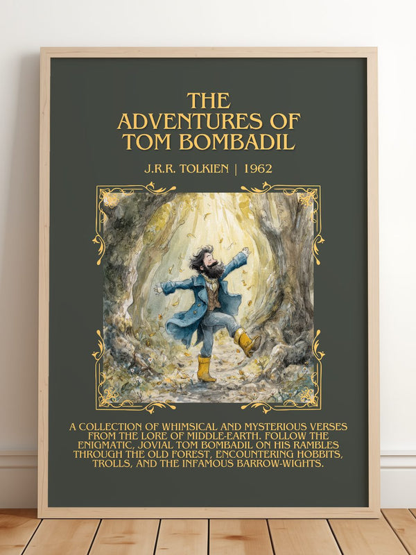 Adventures Of Tom Bombadil Minimalist Book Poster by J.R.R. Tolkien – framed print leaning on a wooden floor