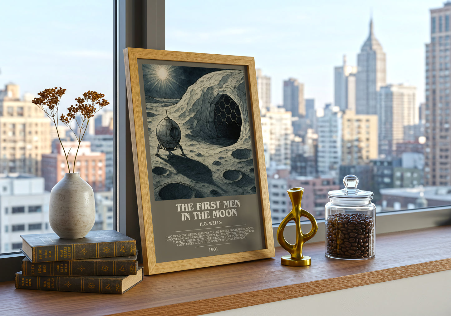 The First Men In The Moon bookish print framed by window – literary home decor