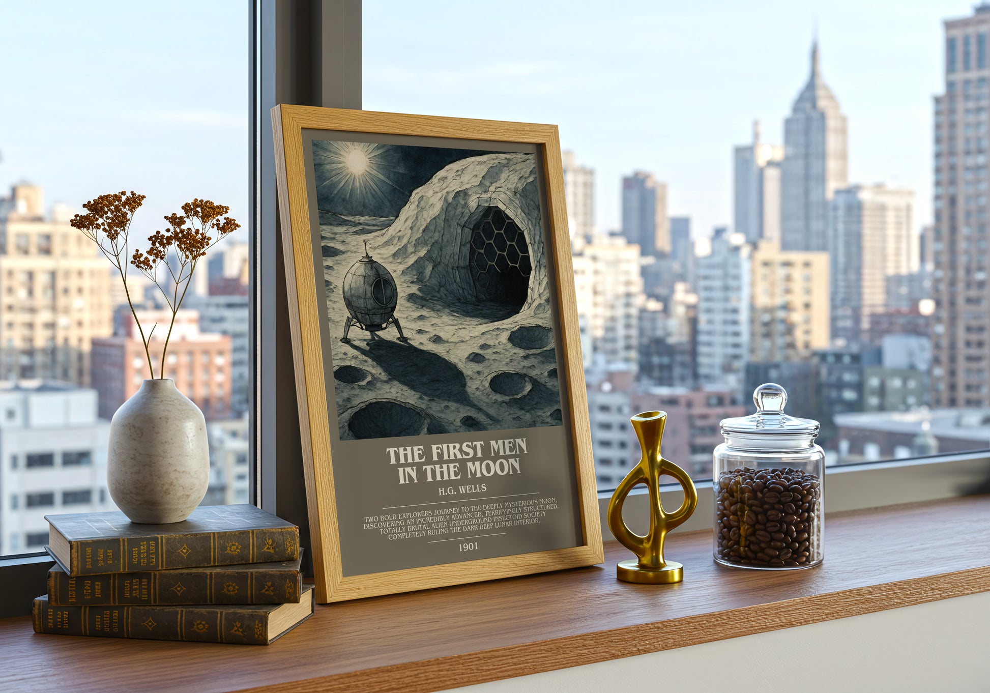 The First Men In The Moon bookish print framed by window – literary home decor