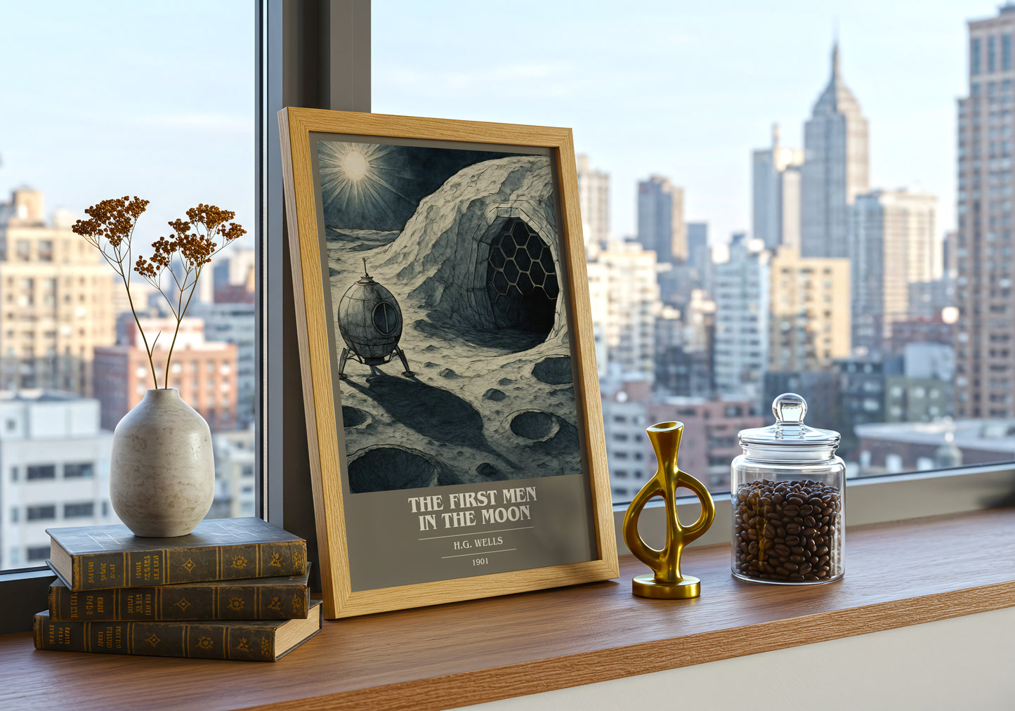 The First Men In The Moon book cover print framed by window – literary home decor