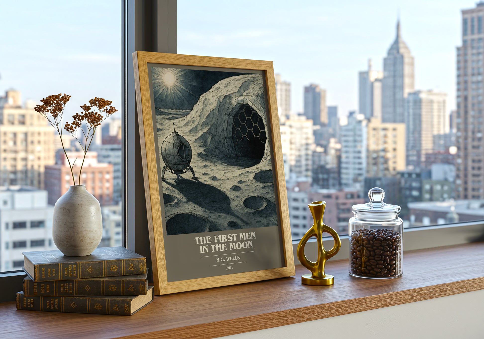 The First Men In The Moon book cover print framed by window – literary home decor