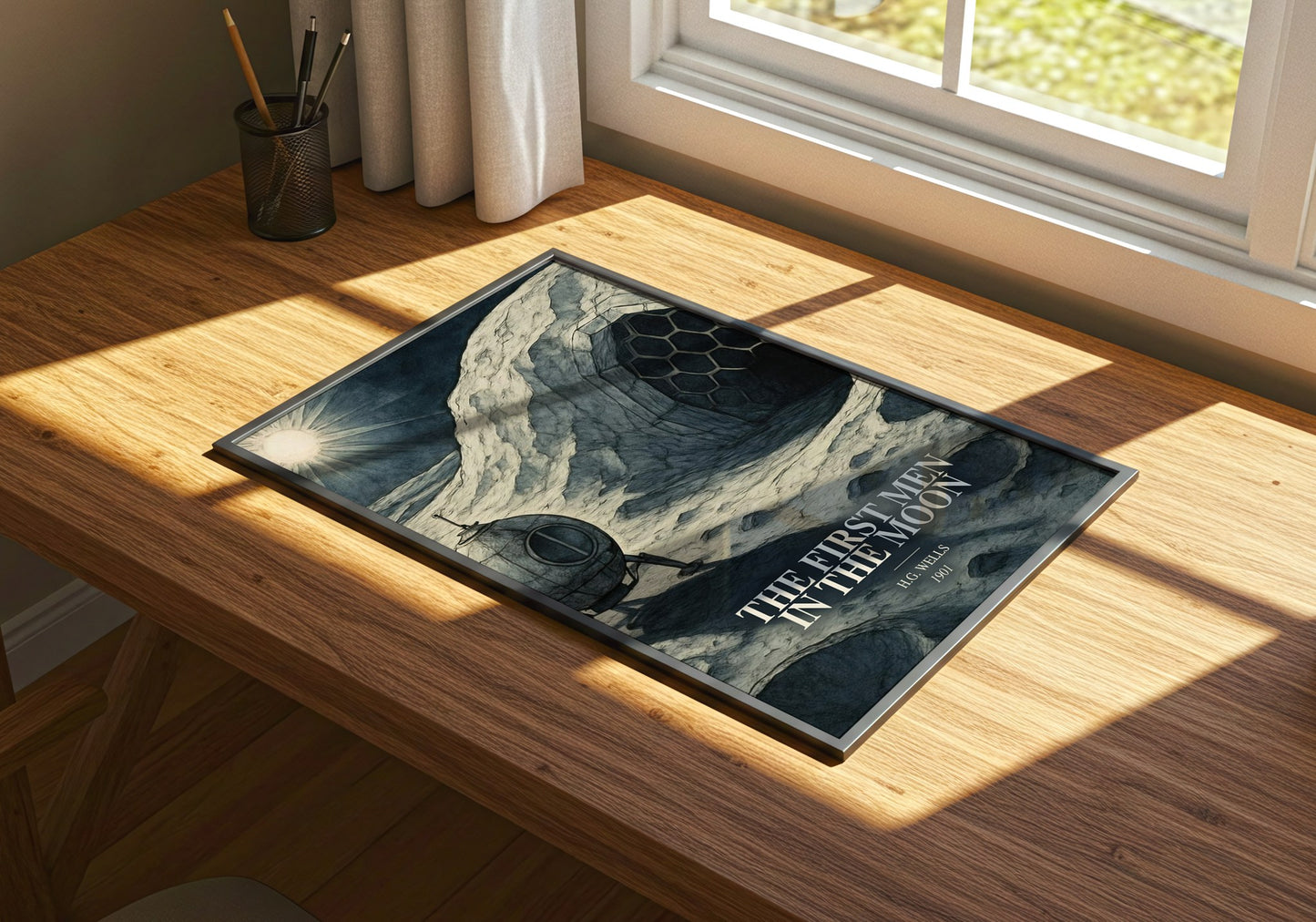 The First Men In The Moon watercolour book poster framed on wall – sci fi wall art