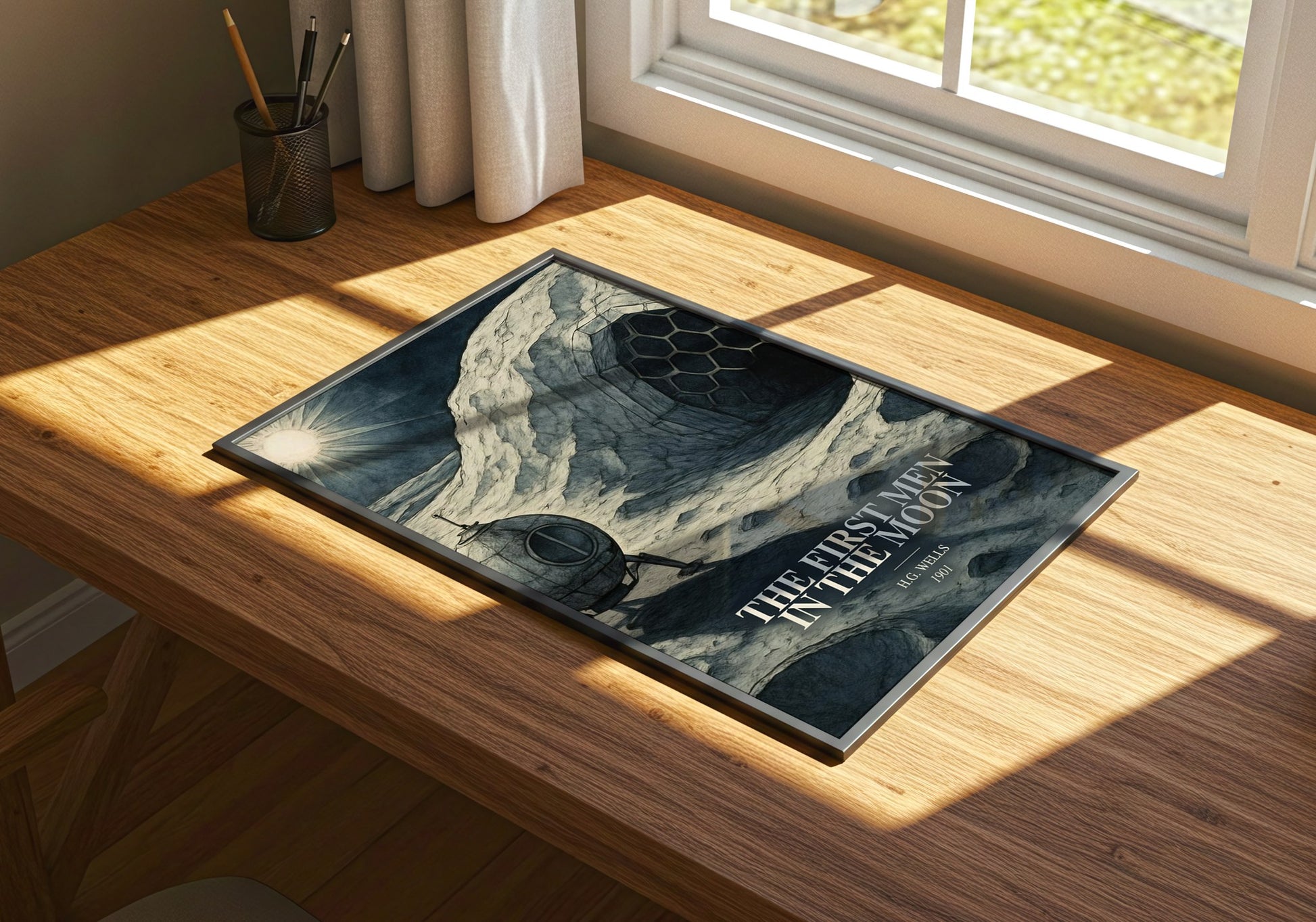The First Men In The Moon watercolour book poster framed on wall – sci fi wall art