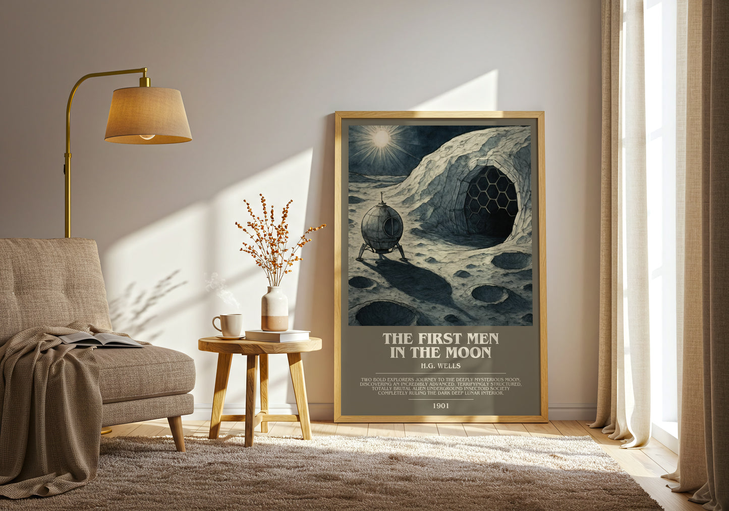 The First Men In The Moon bookish print on bookshelf – H.G. Wells fan gift