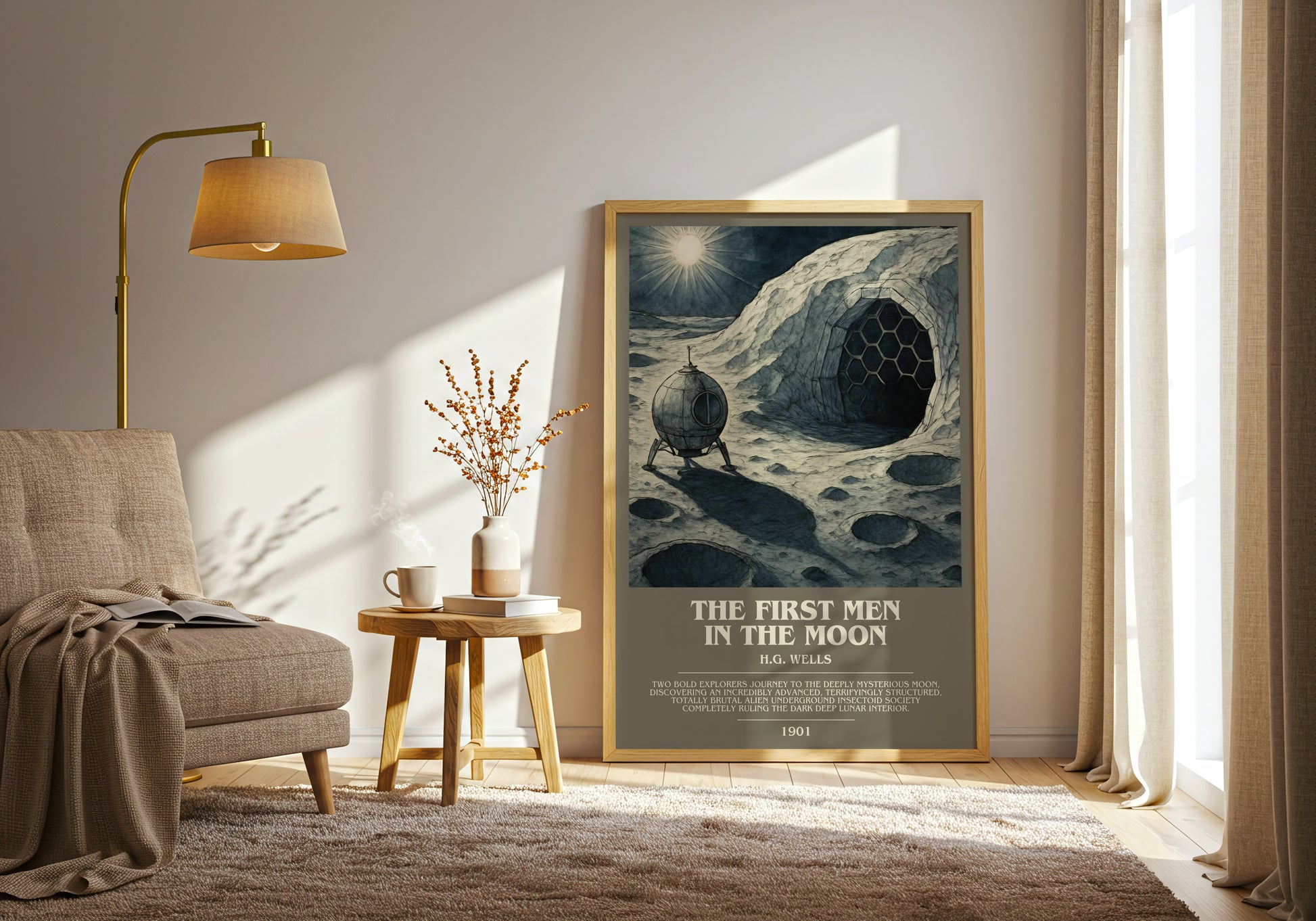 The First Men In The Moon bookish print on bookshelf – H.G. Wells fan gift