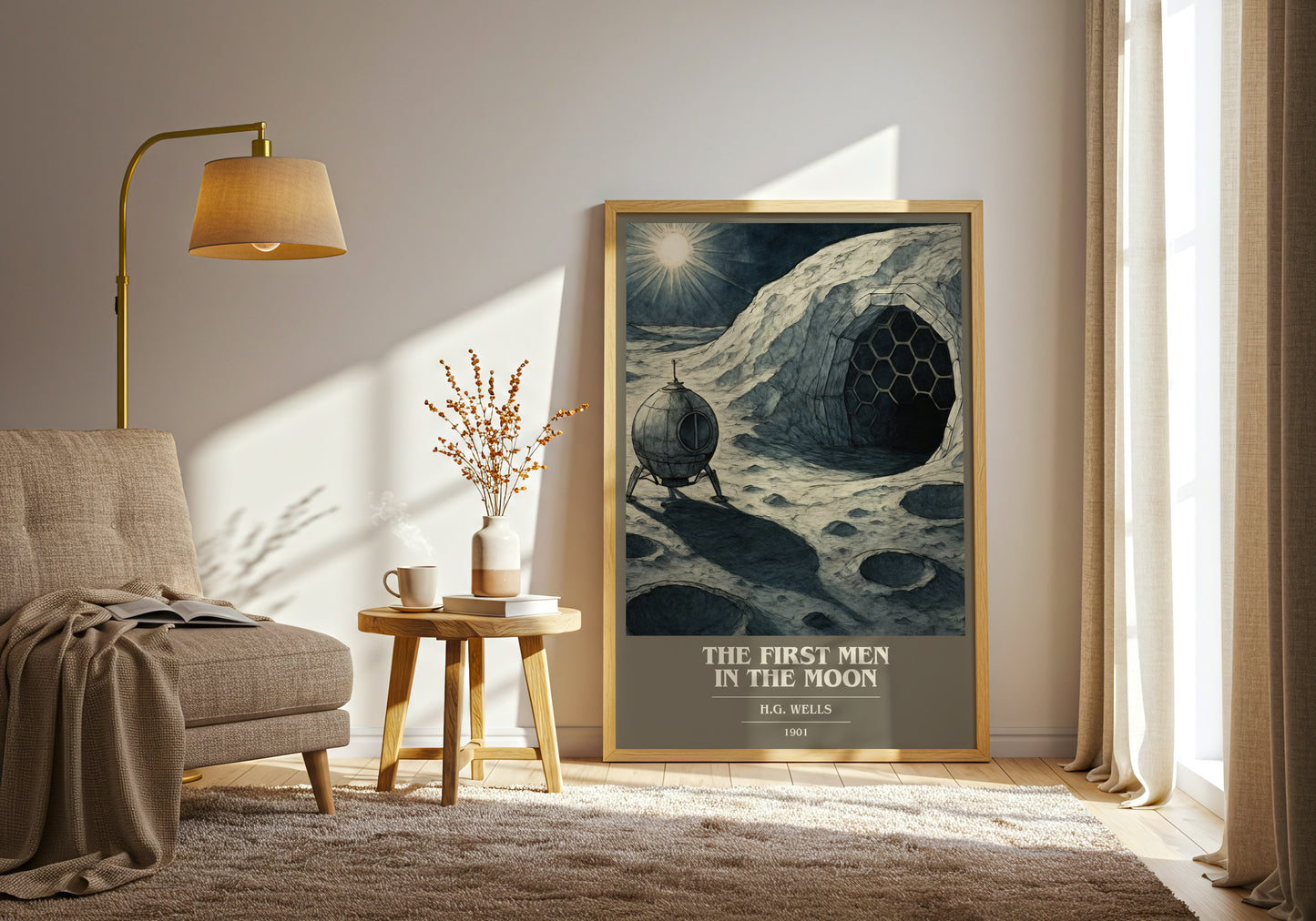 The First Men In The Moon book cover print on bookshelf – H.G. Wells fan gift