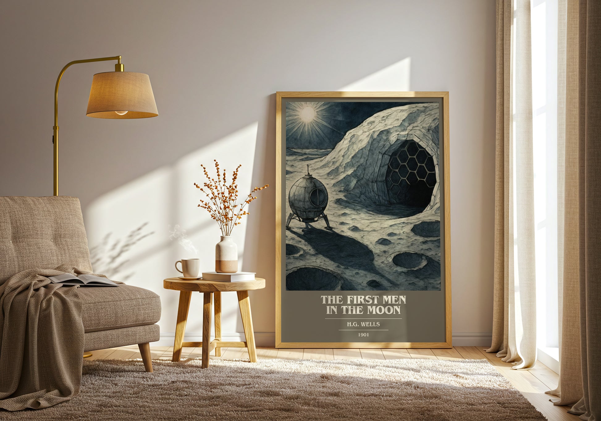 The First Men In The Moon book cover print on bookshelf – H.G. Wells fan gift