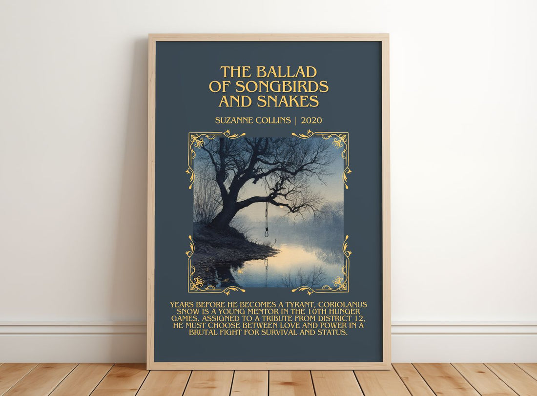 Ballad Of Songbirds And Snakes Minimalist Book Poster by S. Collins – framed print leaning on a wooden floor
