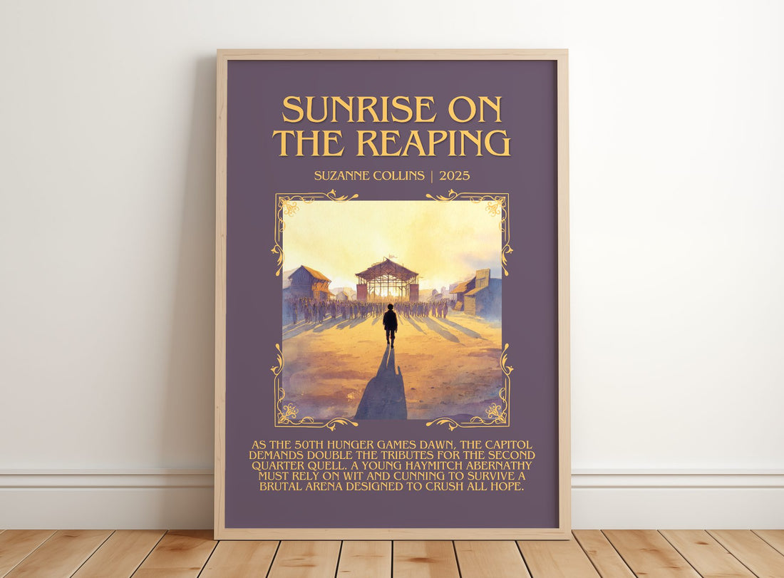 Sunrise On The Reaping Minimalist Book Poster by Suzanne Collins – framed print leaning on a wooden floor