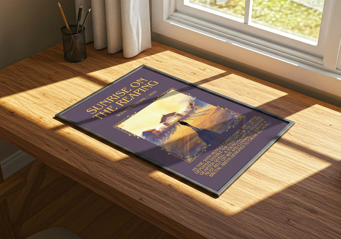 Sunrise On The Reaping Minimalist Book Poster by Suzanne Collins – print on a sunlit desk