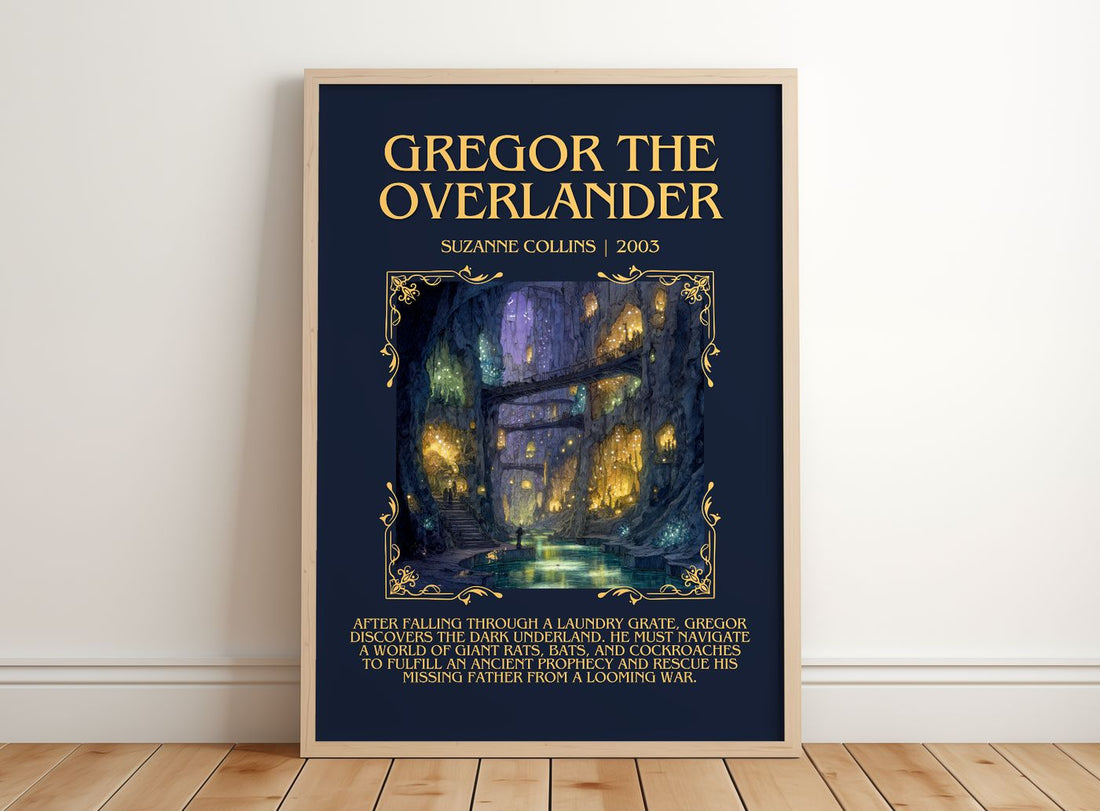 Gregor The Overlander Minimalist Book Poster by Suzanne Collins – framed print leaning on a wooden floor