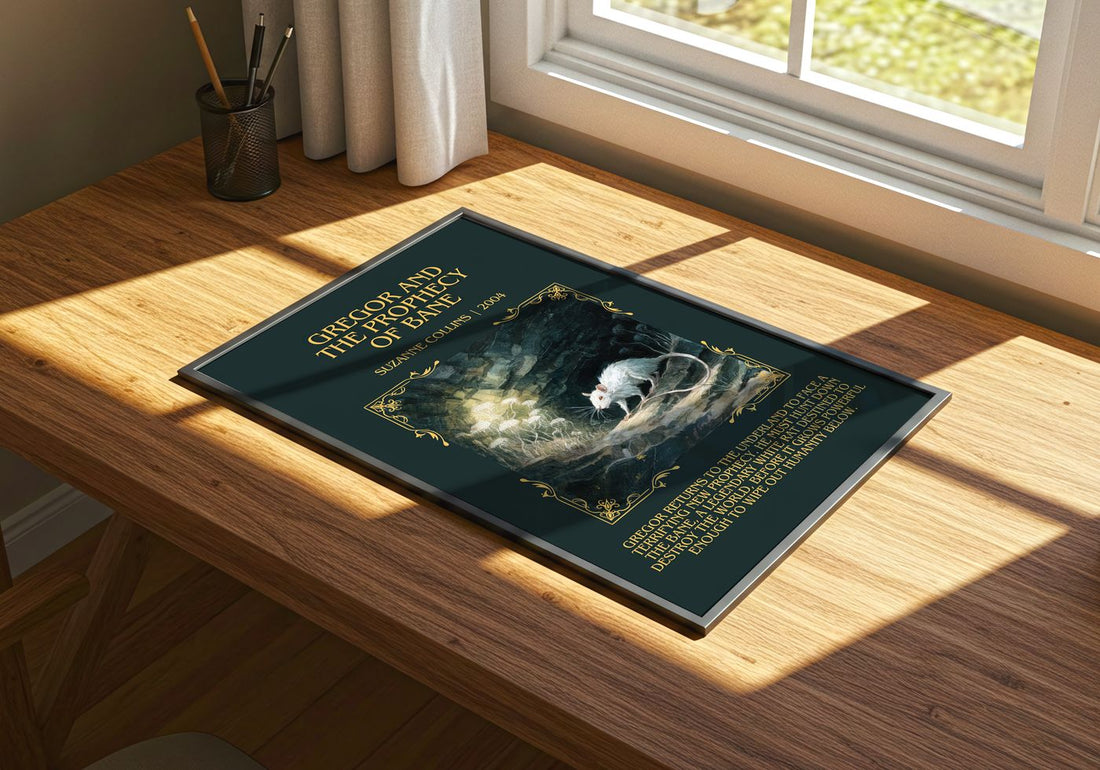 Gregor And The Prophecy Of Bane Minimalist Book Poster by S. Collins – print on a sunlit desk