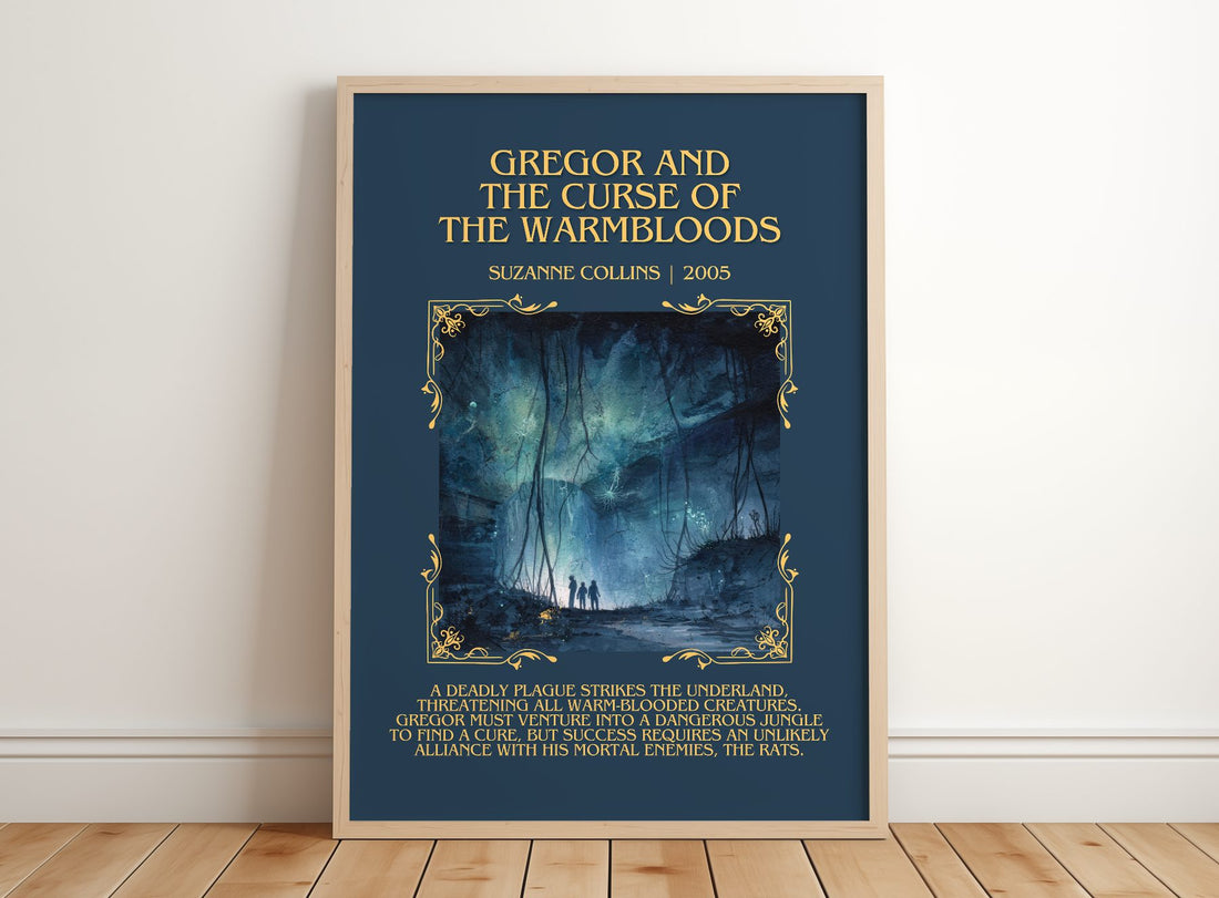 Gregor And The Curse Of The Warmbloods Minimalist Book Poster – framed print leaning on a wooden floor