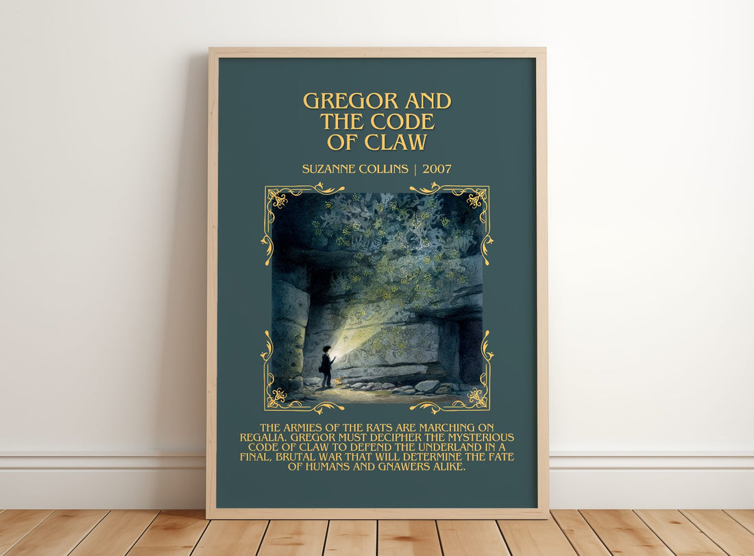 Gregor And The Code Of Claw Minimalist Book Poster by Suzanne Collins – framed print leaning on a wooden floor