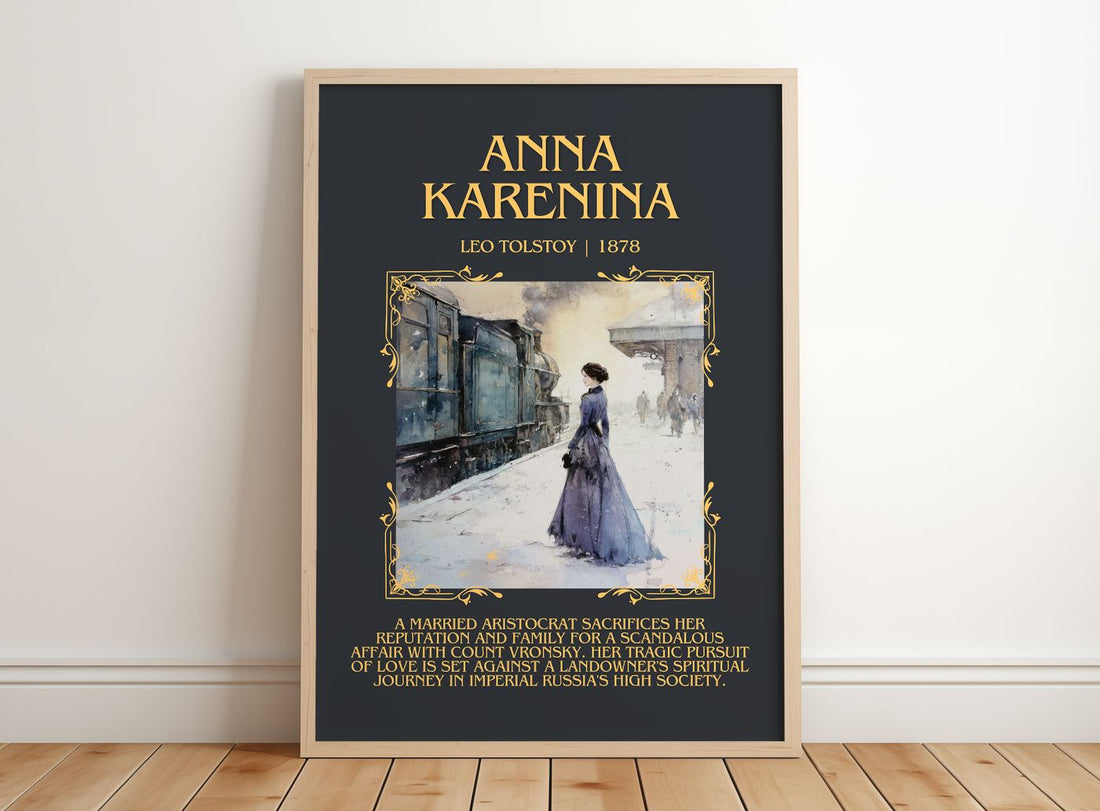 Anna Karenina Minimalist Book Poster by Leo Tolstoy – framed print leaning on a wooden floor