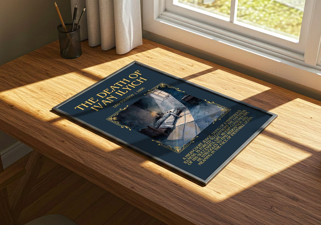 The Death Of Ivan Ilyich Minimalist Book Poster by Leo Tolstoy – print on a sunlit desk