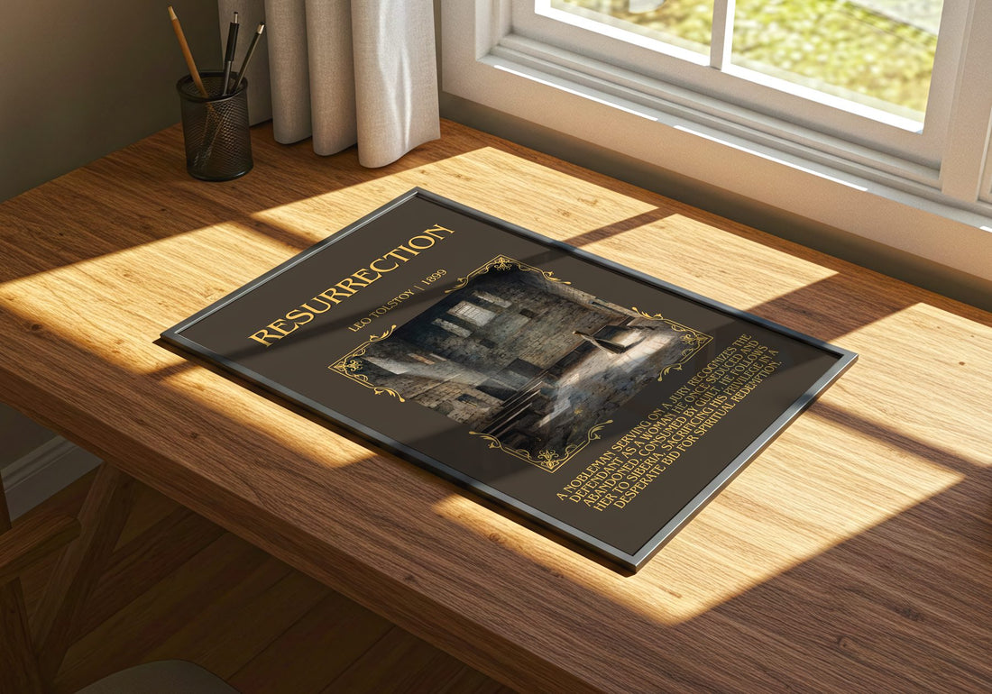 Resurrection Minimalist Book Poster by Leo Tolstoy – print on a sunlit desk