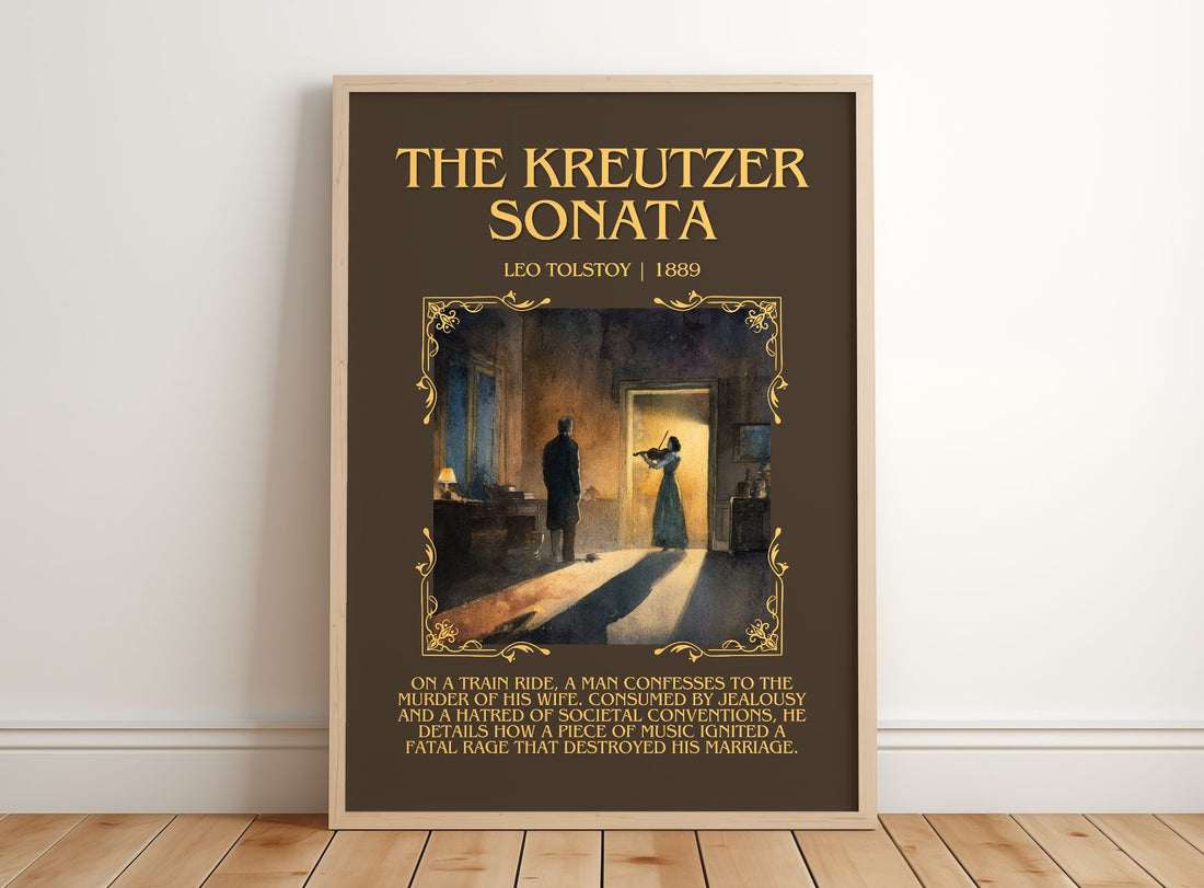 The Kreutzer Sonata Minimalist Book Poster by Leo Tolstoy – framed print leaning on a wooden floor