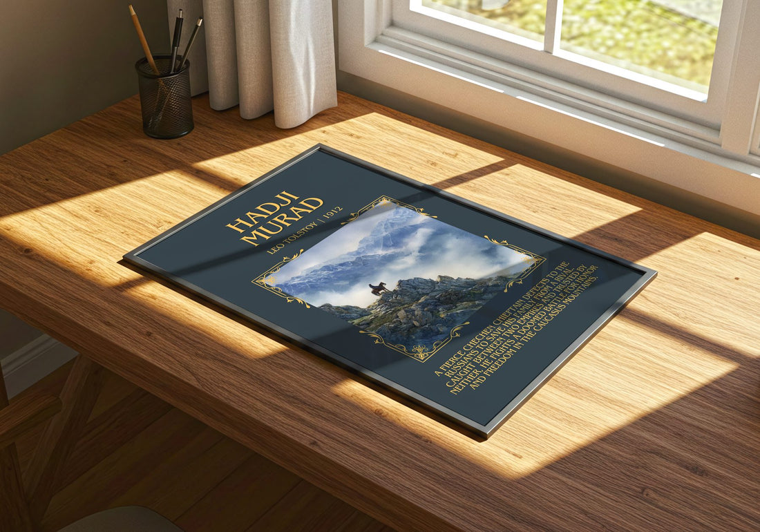 Hadji Murad Minimalist Book Poster by Leo Tolstoy – print on a sunlit desk
