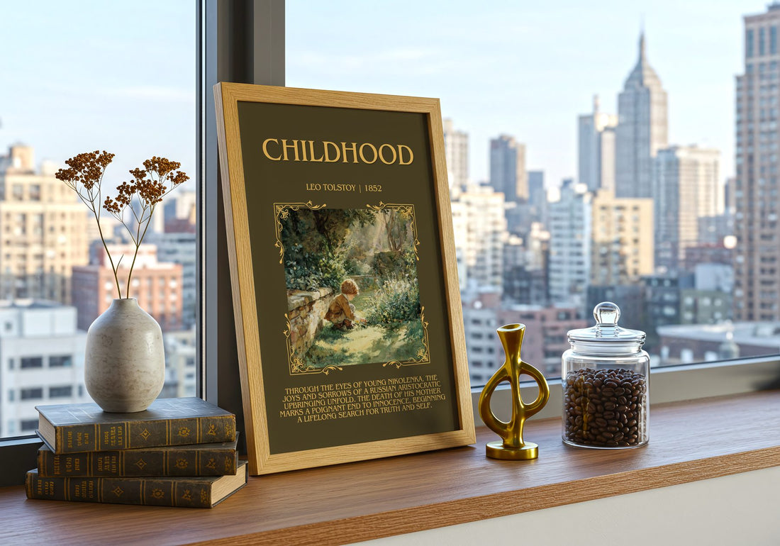 Childhood Minimalist Book Poster by Leo Tolstoy – framed print on a city-view windowsill
