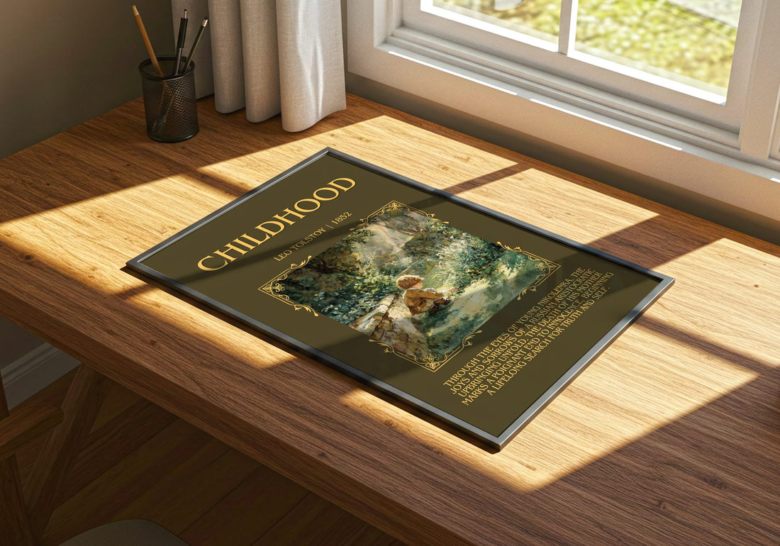 Childhood Minimalist Book Poster by Leo Tolstoy – print on a sunlit desk