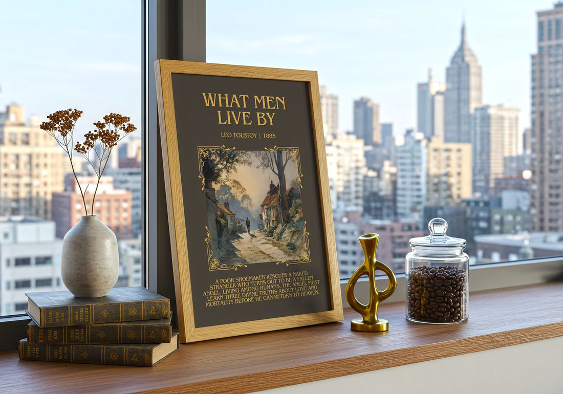 What Men Live By Minimalist Book Poster by Leo Tolstoy – framed print on a city-view windowsill
