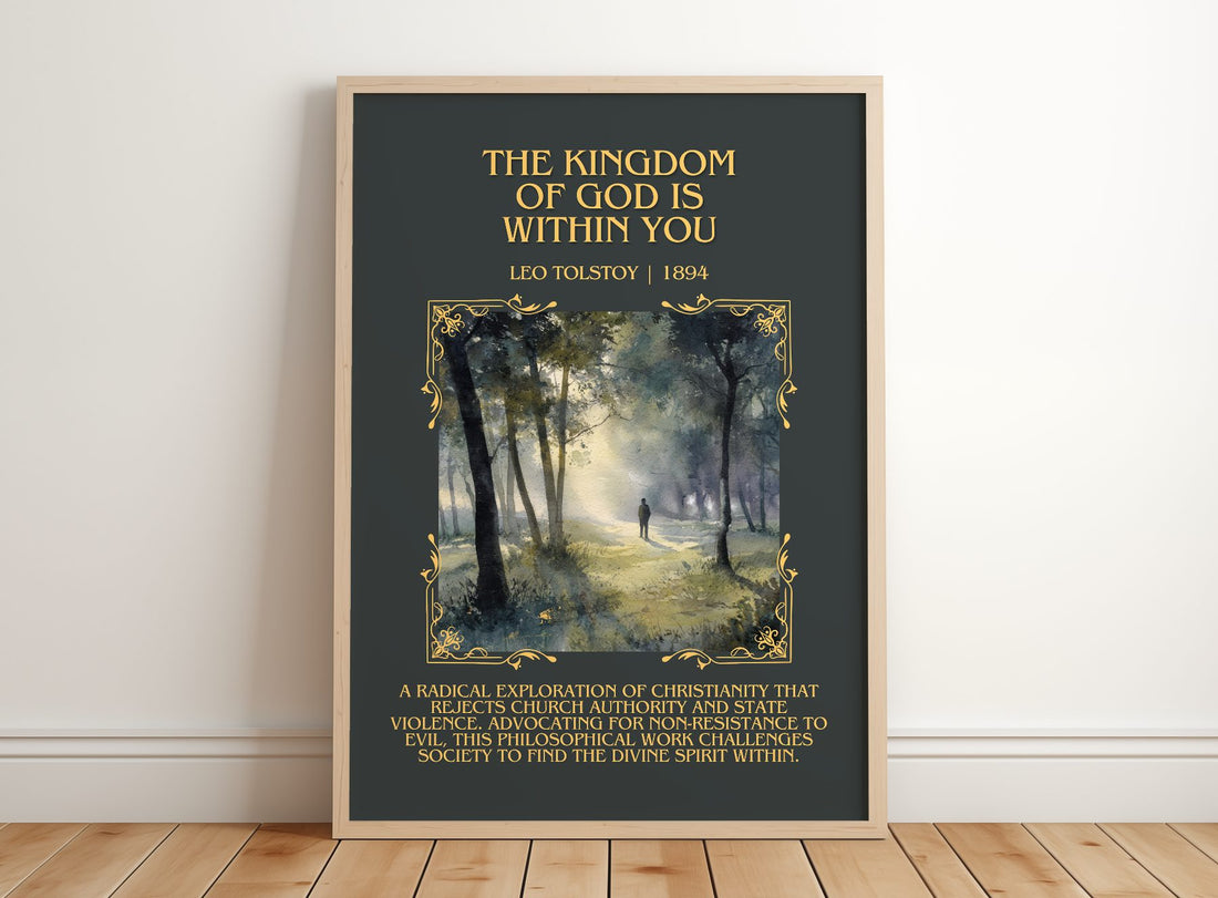 The Kingdom Of God Is Within You Minimalist Book Poster by Leo Tolstoy – framed print leaning on a wooden floor