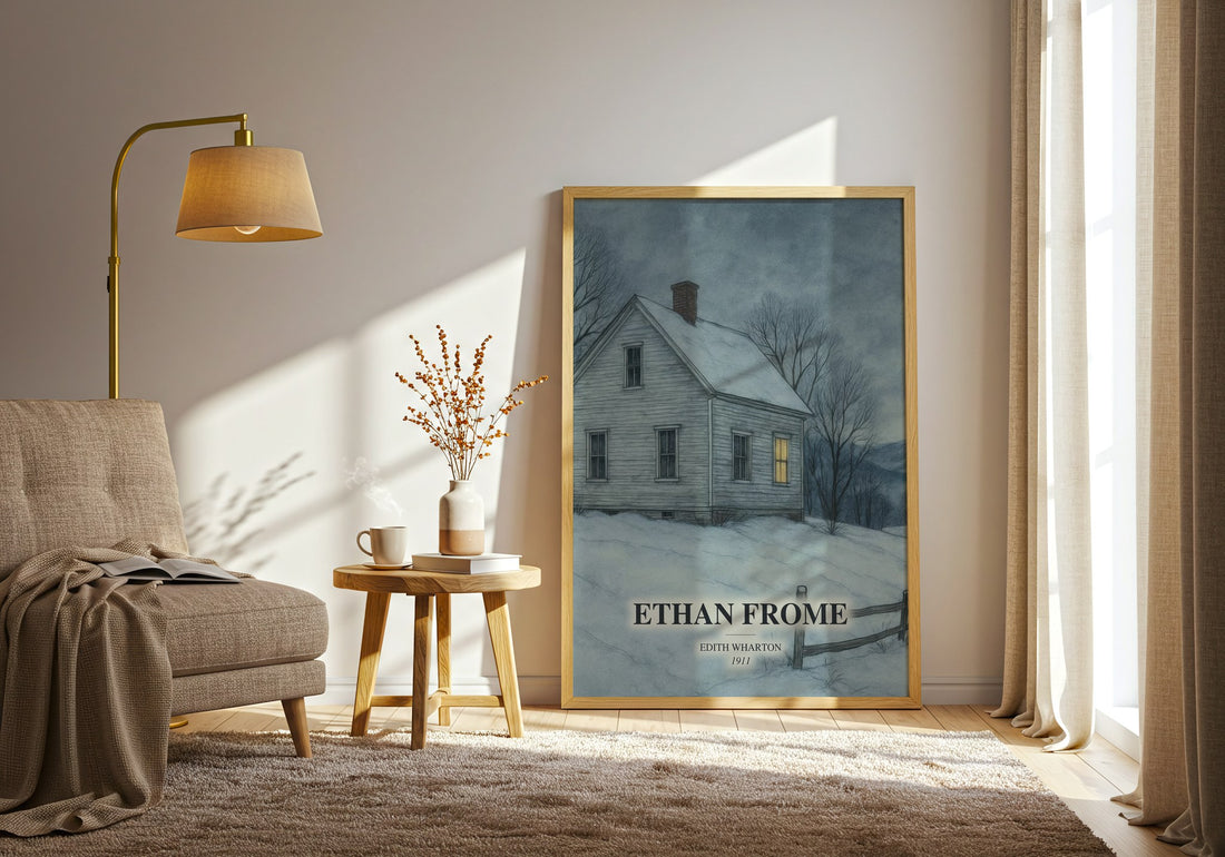 Ethan Frome watercolour print in frame leaning in hallway – classic literature wall art (mockup)