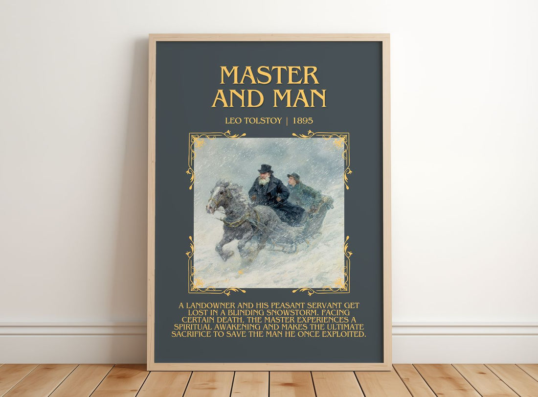 Master And Man Minimalist Book Poster by Leo Tolstoy – framed print leaning on a wooden floor